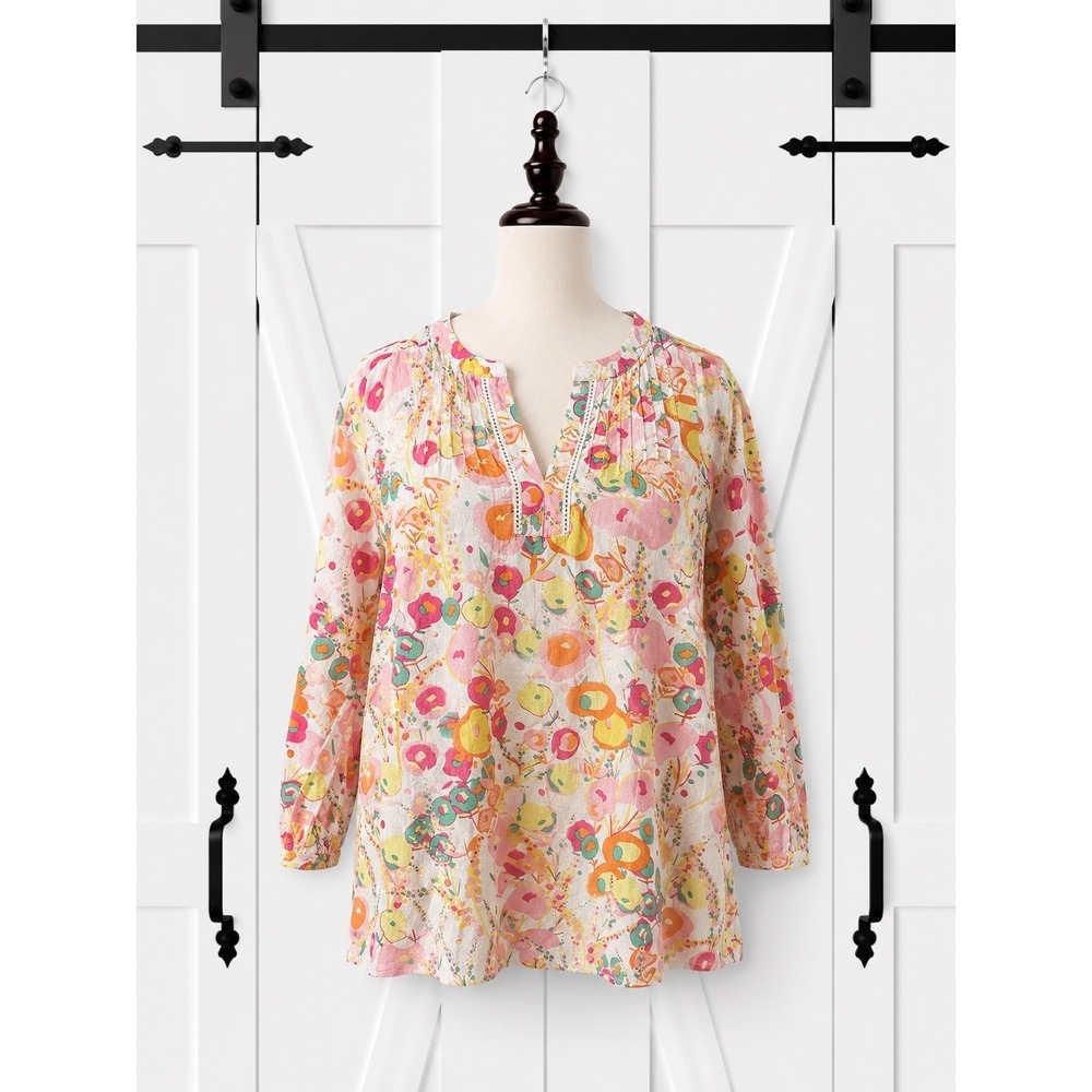 Talbots Popover Top Blouse Womens Small Pink Orange Floral Pintuck 3/4 Sleeves